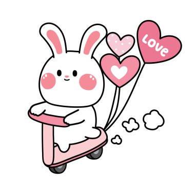 Cute rabbit riding pink scooter with heart balloon.Bunny hand drawn.Animal character design.Valentines day.Love text.Kawaii.Vector.Illustration.