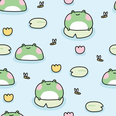 Şirin kurbağanın kusursuz deseni nehir tabanında yaprağın üzerinde kalır. Yusufçuk ve çiçek. Hayvan karakteri çizimi. Karikatür el çizimi. Bebek kıyafetleri. Kawai vektörü..