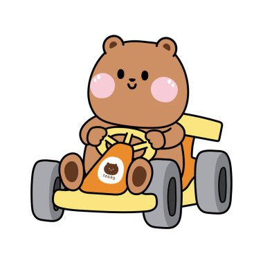 Cute bear ride gokart car cartoon on white background.Wild animal character design.Race.Teddy hand drawn.Kawaii.Vector.Illustration.