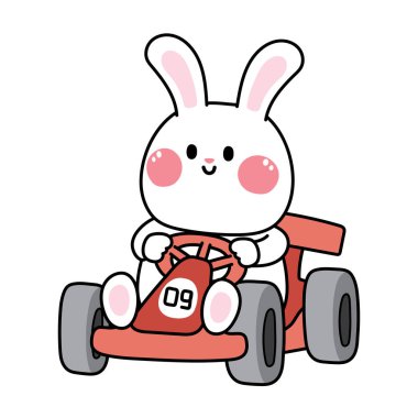 Cute rabbit ride gokart car cartoon on white background.Animal pet character design.Race.Bunny hand drawn.Kawaii.Vector.Illustration.