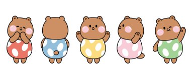 Set of cute bear in egg costume various poses.Wild animal cartoon character design collection.Teddy hand drawn.Kid graphic.Kawaii.Vector.Illustration.