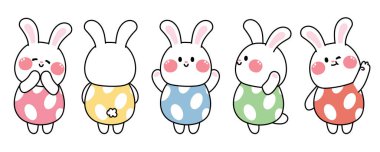 Set of cute rabbit in egg costume various poses.Easter day.Spring.Cartoon animal character design.Bunny hand drawn.Kid graphic.Kawaii.Vector.Illustration.