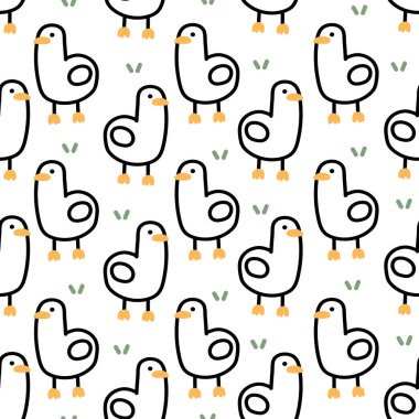 Seamless pattern of cute duck stand on grass white background.Farm animal character cartoon design.Image for card,poster,baby clothing.Bird.Kawaii.Vector.Illustration.