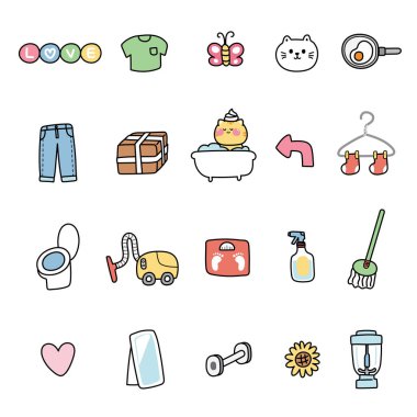 Set of cute icon of diary concept.Cat.Housework.Animal character cartoon design.Meow.Kawaii.Vector.Illustration.