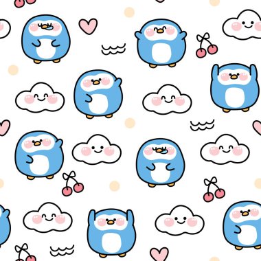Seamless pattern of cute penguin in various poses on white background.Animal design.Cherry,cloud,heart hand drawn.Repeat.Image for card,poster,sticker,baby clothing.Vector.Illustration.Illustrator.