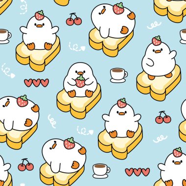 Seamless pattern of cute duck in various poses stay on bread on blue background.Farm animal character cartoon design.Coffee,heart,cherry hand drawn.Brakfast.Kawaii.Vector.Illustration.