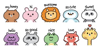 Set of cute animals with various text cartoon.Kid graphic.Bear,rabbit,lion,penguin,panda,hippopotamus,crocodile,fox,giraffe,raccoon hand drawn.Kawaii.Vector.Illustration.