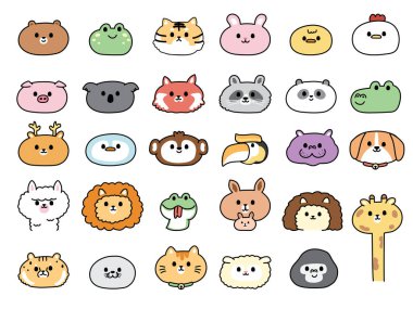 Set of cute face animals hand drawn on white background.Zoo.Wild,farm,pet,bird head animal hand drawn collection.Isolated.Kawaii.Vector.Illustration.
