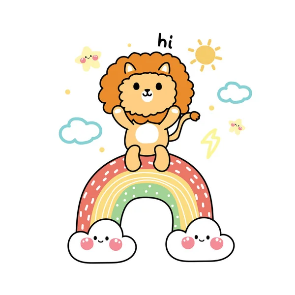 Cute Lion Sit Rainbow Cloud Star White Background Wild Animal — Stockový vektor