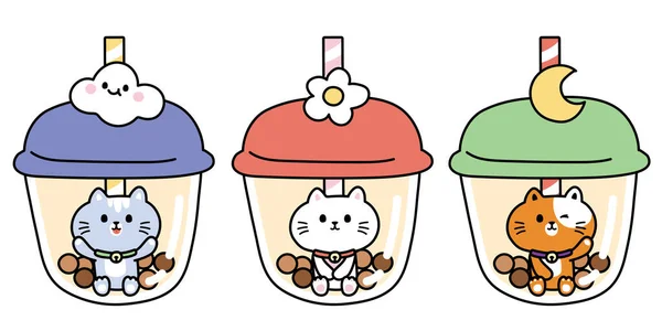 Set Cute Cat Sit Bubble Milk Tea Cup Pet Animal — Stockový vektor