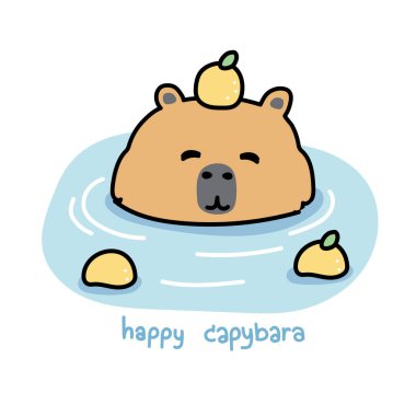 Limonlu tatlı gülümseme Capybara Japon Onsen 'de sıcak su çizgi filmi çekiliyor. Dost canlısı hayvan zoo.Kawaii.Vector.İllüstrasyon.