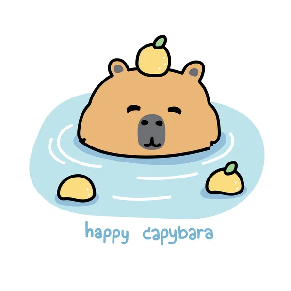 Roztomilý Úsměv Capybara Citrónem Pobyt Japonském Onsen Horké Vody Karikatura — Stockový vektor