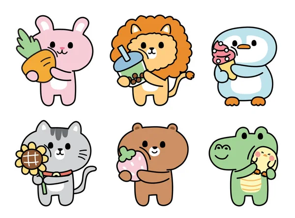 在白色的背景上 一组可爱的动物抱着物体 卡通漫画家设计集合 鳄鱼手绘 — 图库矢量图片