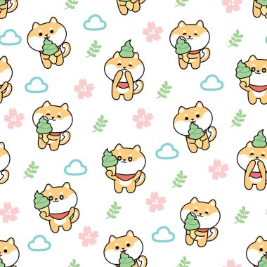 Şirin Shiba inu köpeğinin kusursuz deseni sakura çiçekli yeşil çay dondurması ve beyaz sırt çantalı bulut. Japon evcil hayvan eli çizimi. Komik karakter tasarımı. Kawaii.Vector. Görüntü:.