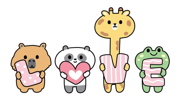 Cute wild animal hold love alphabet on white background.Wild animal character cartoon design.Valentines day.Capybara,panda bear,giraffe,frog hand drawn.Kawaii.Vector.Illustration.