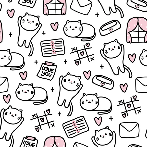 Seamless Pattern Cute Cat Stationery Icon White Background Meow Lover — Stock Vector