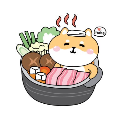 Şirin rahatla shiba inu dog nabe Japon sıcak potasıdır. Japon çizgi film karakteri tasarımı. Et, mantar, tofu, havuç. Kawaii.Vector.