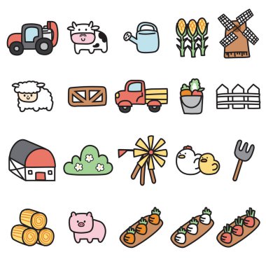 Çiftlik konseptinde şirin bir ikon seti. Çizgi film tasarımları. Hayvan, meyve, pantolon, el çizimi. Kırsal. İzole edilmiş..