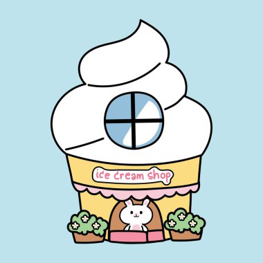 Şirin tavşan mavi arka planda dondurmacıda kalıyor. Hayvan çizgi film karakteri tasarımı. Kawai Vector..