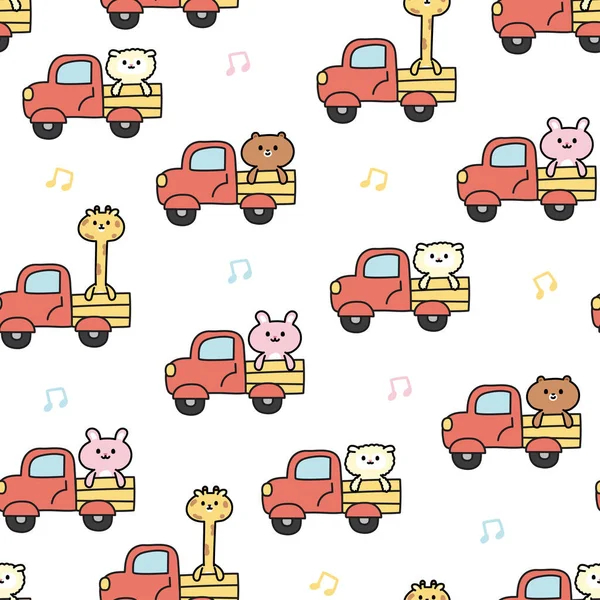Płynny Wzór Cute Zwierzę Siedzieć Ciężarówce Nutą Muzyczną Białym Tle — Wektor stockowy