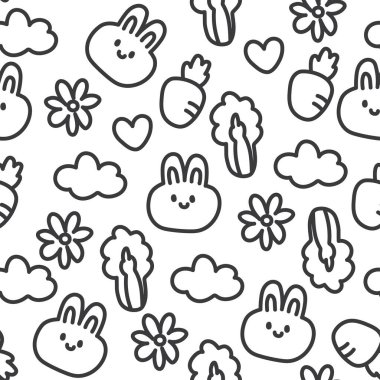 Beyaz arka planda kusursuz tavşan yüzü. Doğu. Beyaz siyah renk. Havuç, çiçek, bulut el çizimi..