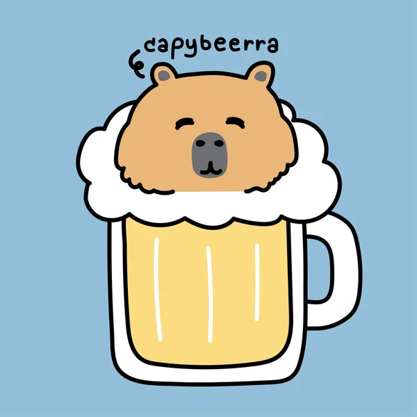 Roztomilý Obličej Capybara Pobyt Sklenici Piva Modrém Pozadí Drink Beverage — Stockový vektor