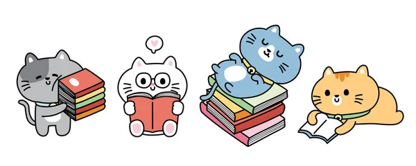 白を基調に様々なポーズで本を持つかわいい猫のセット 読書本ペット動物キャラクターデザインコレクション — ストックベクタ