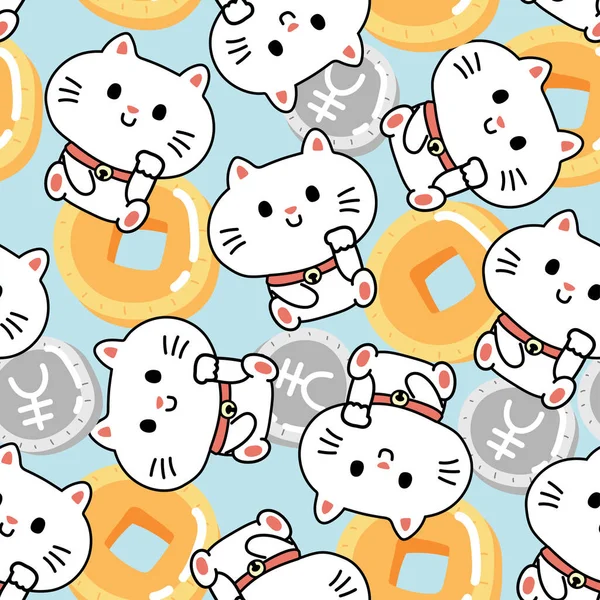 Bezešvé Vzor Roztomilé Šťastné Kočky Penězi Mince Modrém Pozadí Japonská — Stockový vektor
