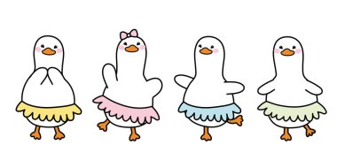 Çeşitli pozlarda şirin ördek seti. Çiftlik hayvanı çizgi film karakteri tasarımı. Kart, poster, çıkartma için resim. İzole edilmiş..