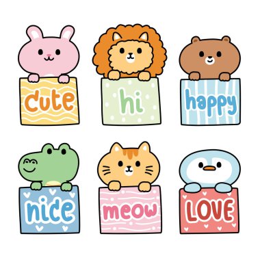 Kağıt üzerinde kelime ile sevimli hayvanlar. Metin tasarımı. Tavşan, aslan, ayı, timsah, kedi, penguen el çizimi. Çocuk grafiği. Zoo.Kawaii.Vector. Görüntü.