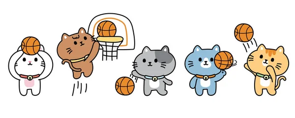 白い背景にバスケットボールをしているかわいい猫のセットスポーツのコンセプトペット動物キャラクター漫画のデザインコレクション — ストックベクタ