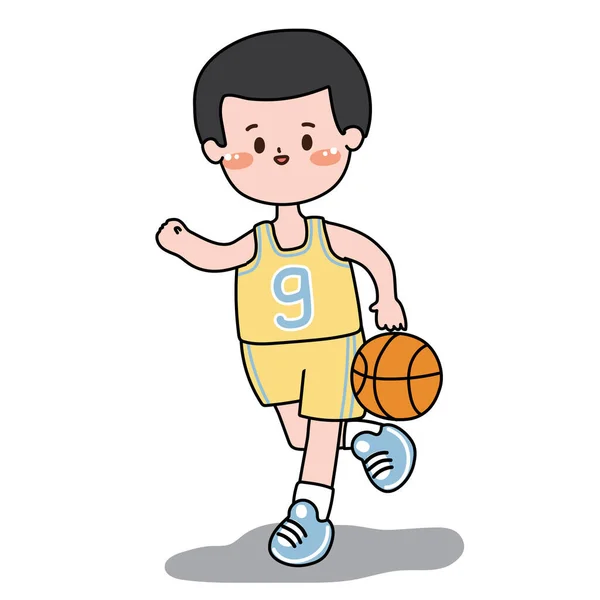 Cute Kid Play Basketball Cartoon White Background Man Mão Drawn — Vetor de Stock