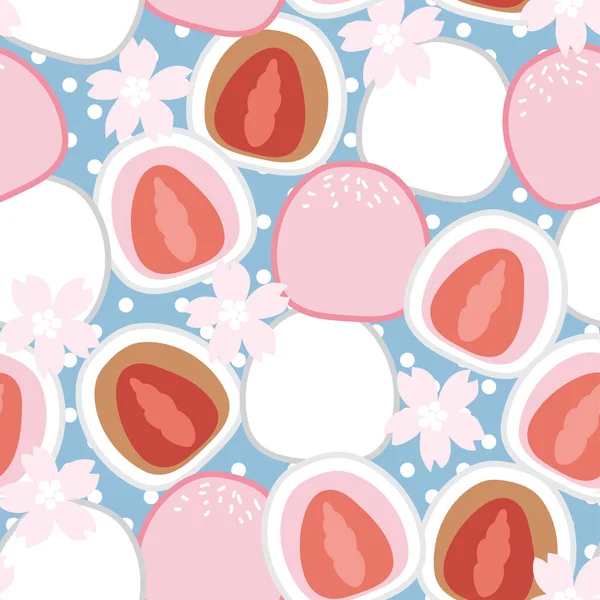 stock vector Seamless pattern of cute strawberry fruit inside moji with sakura flower on blue background.Japanese dessert hand drawn.Food cartoon.Asian sweet.Kawii.Vector.Illustration.