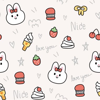 Küçük ikon arka planda sevimli tavşan yüzünün kusursuz deseni. Evcil hayvan karakteri çizgi film tasarımı. Macaron, dondurma, çilek, vişneli el çizimi..