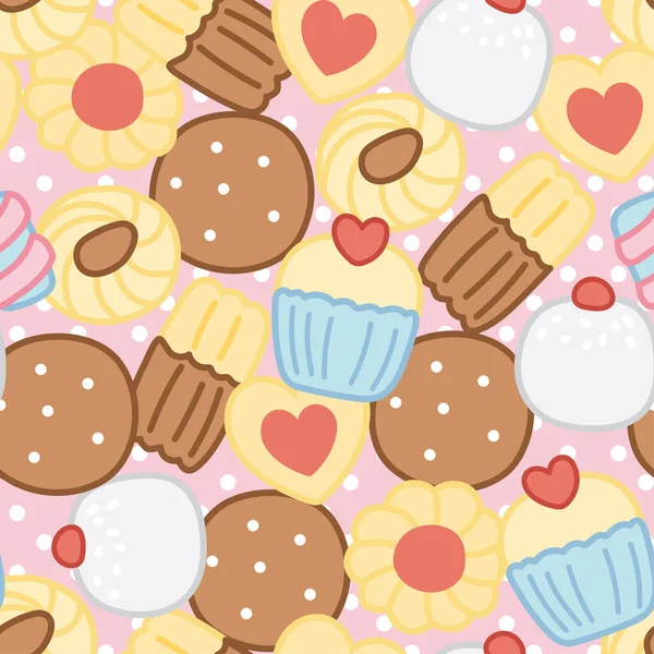无缝隙的可爱饼干图案 粉色背景上的甜甜的 面包店概念 甜点手绘 婴儿图形 Kawaii Vector Illustration — 图库矢量图片