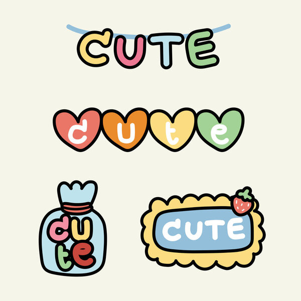 Set of word of cute text on paper.Cartoon hand drawn collection.Lovely meaning.Kawaii.Vector.Illustration.