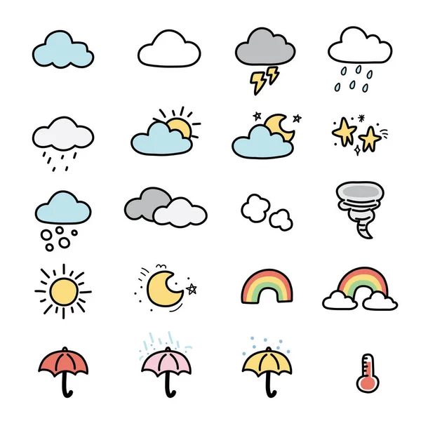 Set Von Niedlichen Symbol Wolke Und Himmel Cartoon Konzept Weather — Stockvektor