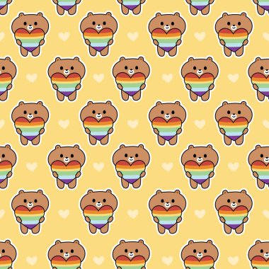 Sevimli ayıların kusursuz desenleri, sarı arka planda gökkuşağı yürekli karikatürler barındırır. Aşk, aşktır. Vahşi hayvan karakteri çizgi filmi tasarımı. Kawai..
