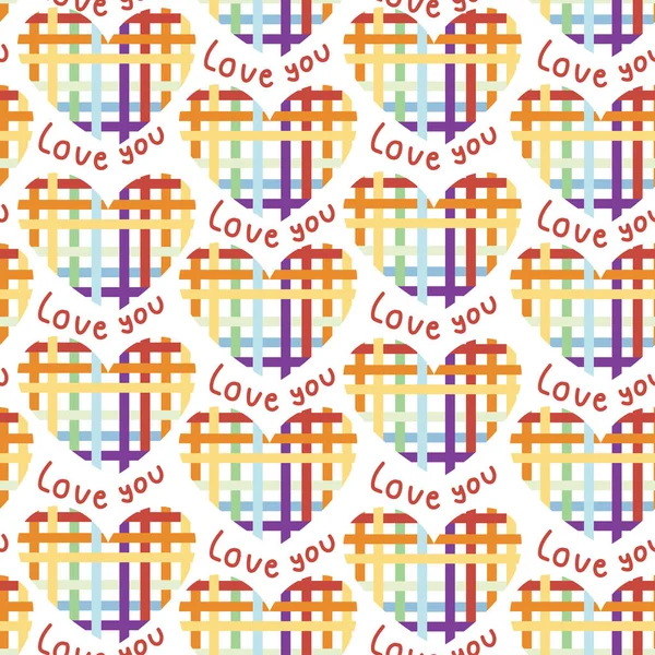 Seamless Pattern Cute Rainbow Heart Love You Text Hand Drawn — Stock Vector