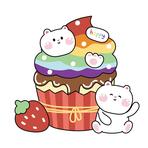 クマの顔のクッキーとイチゴとかわいいカップケーキの虹の味 ベーカリーとデザートハンドドロー プライド月 カード ベビー服のための画像 動物のキャラクターデザイン — ストックベクタ