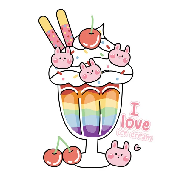 Niedliche Eis Kirsche Regenbogen Geschmack Mit Kaninchenkekse Form Cartoon Sweet — Stockvektor