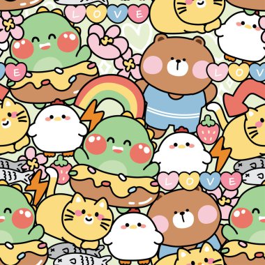 Sevimli hayvanların kusursuz örtüşen örnekleri arka planda. Dinazor, ayı, kedi, tavuk, balık eli çizilmiş. Bebek giysisi el çizimi..