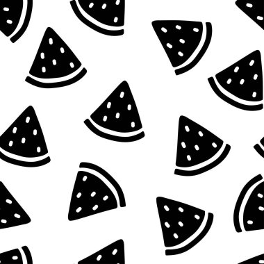 Beyaz ve siyah arka planda kusursuz bir karpuz deseni. Meyveli. Asgari stil. Kawai İllüstrasyonu..