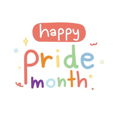 Beyaz arkaplanda küçük bir ikon gökkuşağı renginde mutlu gurur ayı. Kelime dizaynı. Metin çizildi. İzole edildi..