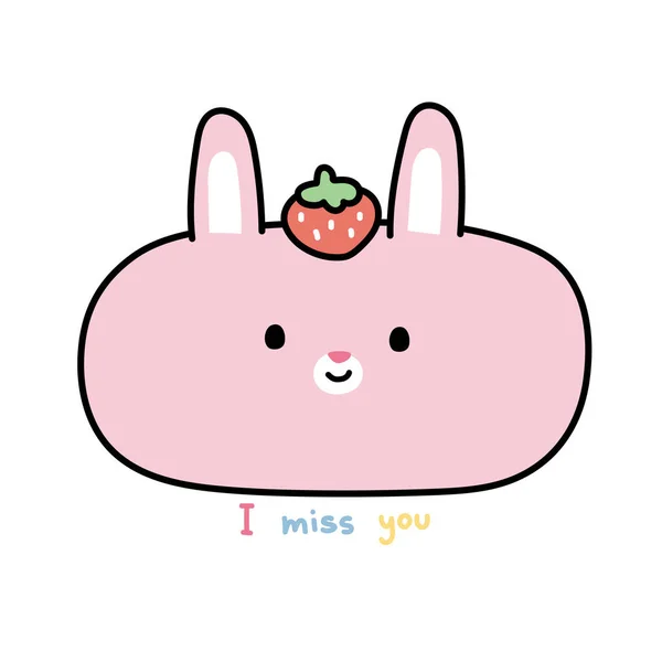 Cute Face Rabbit Strawberry Cartoon Miss You Text White Background — Stock Vector
