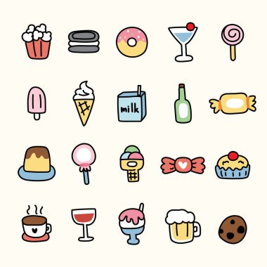 Tatlı ve içecek kavramında şirin bir ikon seti. Yiyecek el yapımı. Donut, şeker, süt, bira, şarap tasarımı..