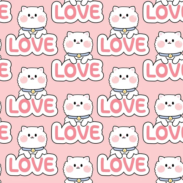 Padrão Sem Emenda Desenho Animado Bonito Gato Com Texto Amor — Vetor de Stock
