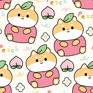 Çiçek arkaplanlı şeftali rengi köpek şeftali rengi elbisesinin kusursuz deseni. Japon evcil hayvan karakteri el çizimi. Kart, poster, çıkartma, bebek kıyafetleri için resim. Kawaii.Vector. Görüntü.