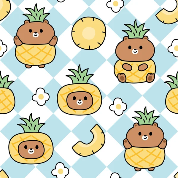 蓝白相间的蓝白相间的菠萝服装中的可爱熊的无缝图案 夏天的果实 野生动物 Kawaii Vector Illustration — 图库矢量图片