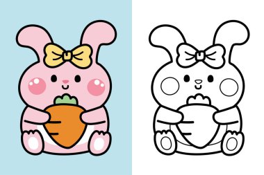 Colorting book.Panting book for kid.Cute rabbit doll wear bow sitting and hold big carrot cartoon.Wild animal hand drawn.Toy.Baby graphic.Outline.Clipart.School.Easter day.Kawaii.Vector.Illustration. clipart